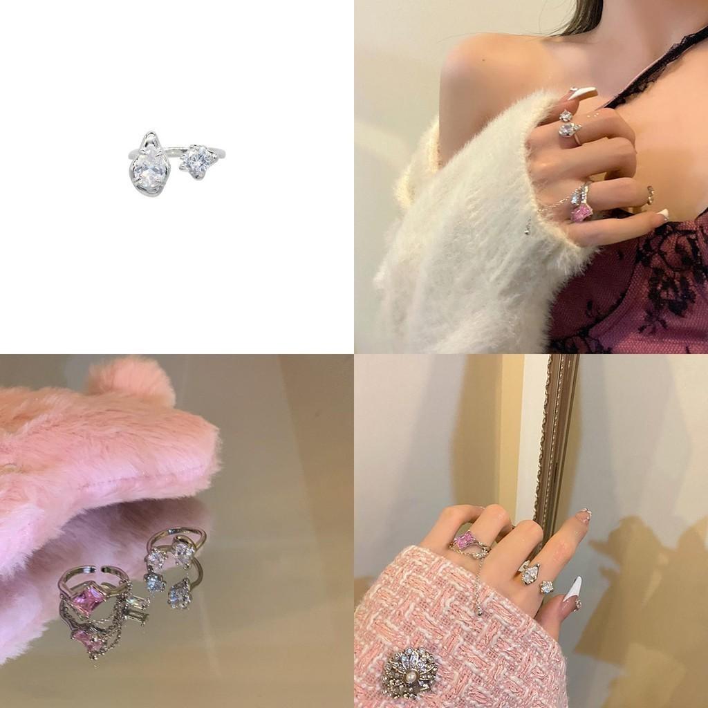 Elegant Korean Style Adjustable Geometric Pink Zirconia Ring For Women Fashion Accessory