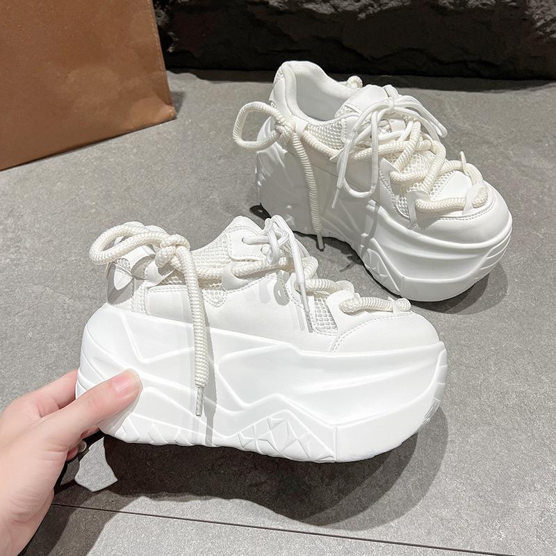 Fashion 9.5cm Heel Sneakers Mesh Microfiber Leather White Platform Sneakers for Women Chunky Platform Women Fashion Sneaker Shoes