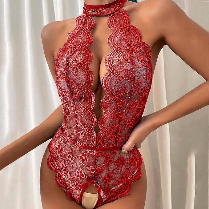 One Piece Womens Lingerie Halterneck Crotchless High Cut Bodysuit Plus Size Lace Teddy Lingerie for Women Sex Play