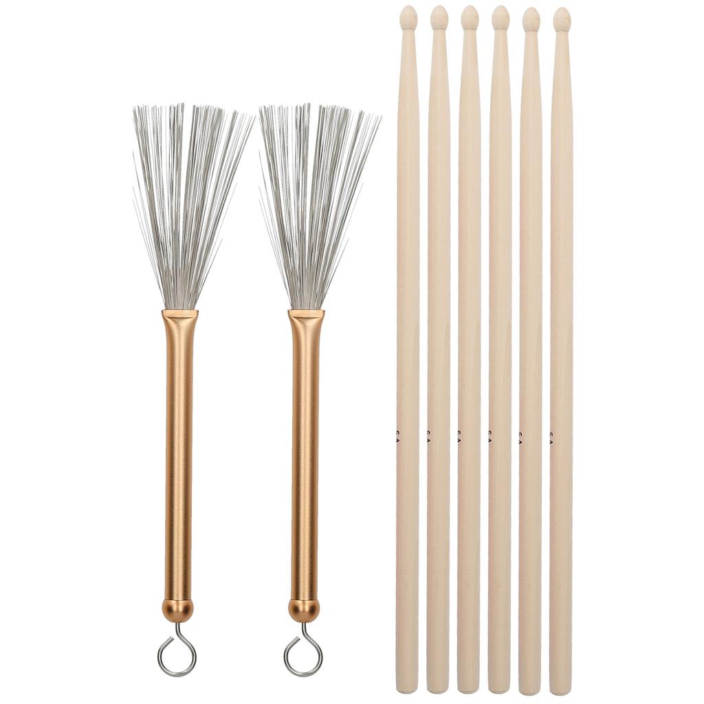 Drum Stick Brush Set Jazz Retractable Metal Wire 5A Rod Plush Bag Percussion Accessories(Gold )