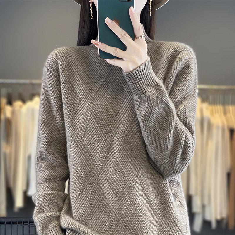 Versatile Women's Wool Sweater: Half-High Neck, Solid Color, Diamond Cable Knit, Warm & Comfortable Pullover