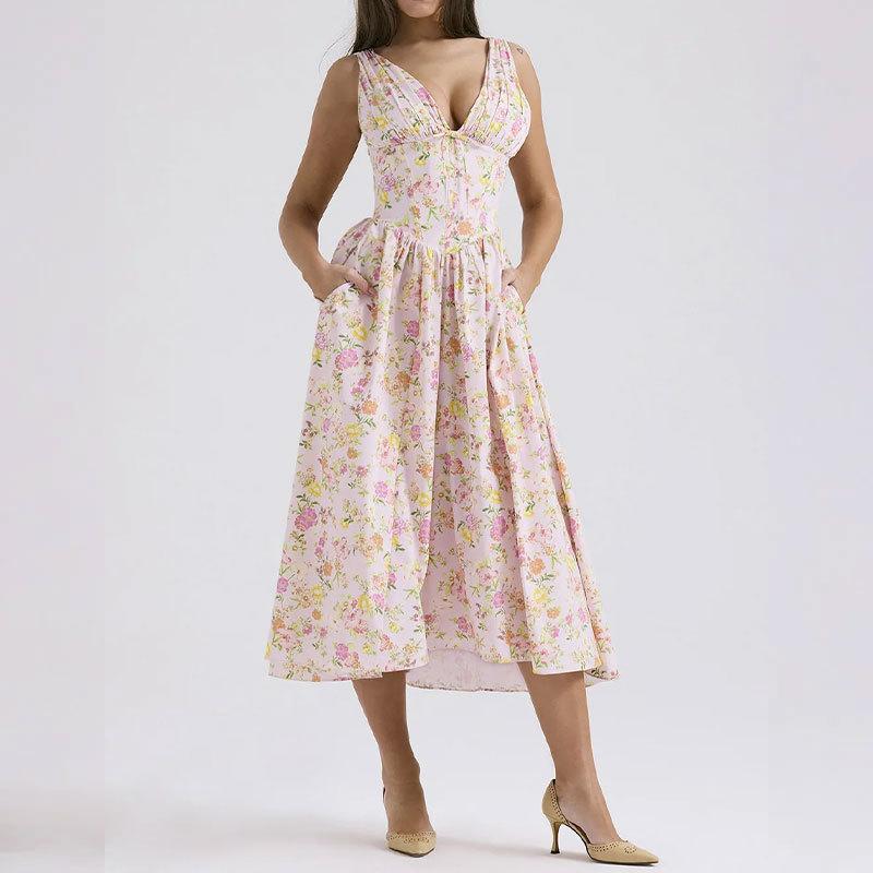 Women's clothing, new spring models in Europe and America, elegant temperament printed V-neck suspender long dress dress