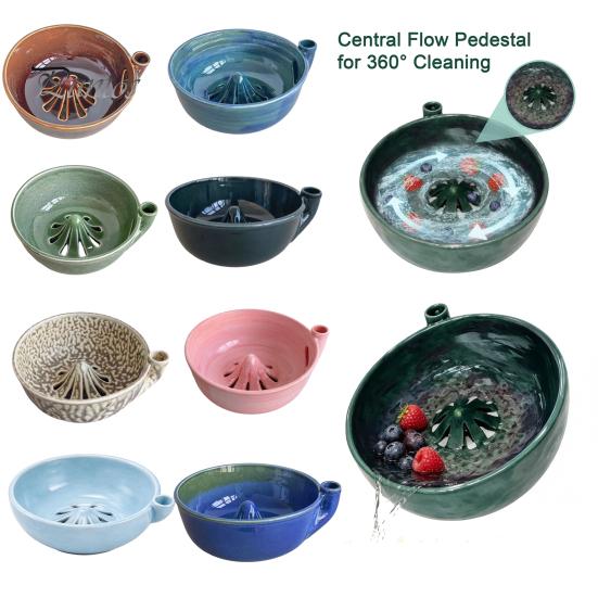 Durable Ceramic Wash Basin Self Rinsing Bowl, with Hollow Drain Holes, Swirl-Flow Berry Kitchen Draining Bowl Washing Fruit Rinse for Counter