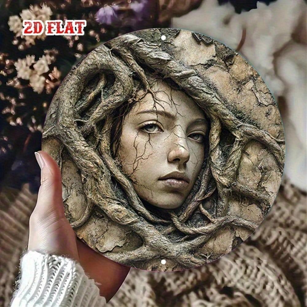 Retro Round Metal Tin Sign 7.8 Inch Stone Face Wall Art Nature Roots Design Frameless Home Decor