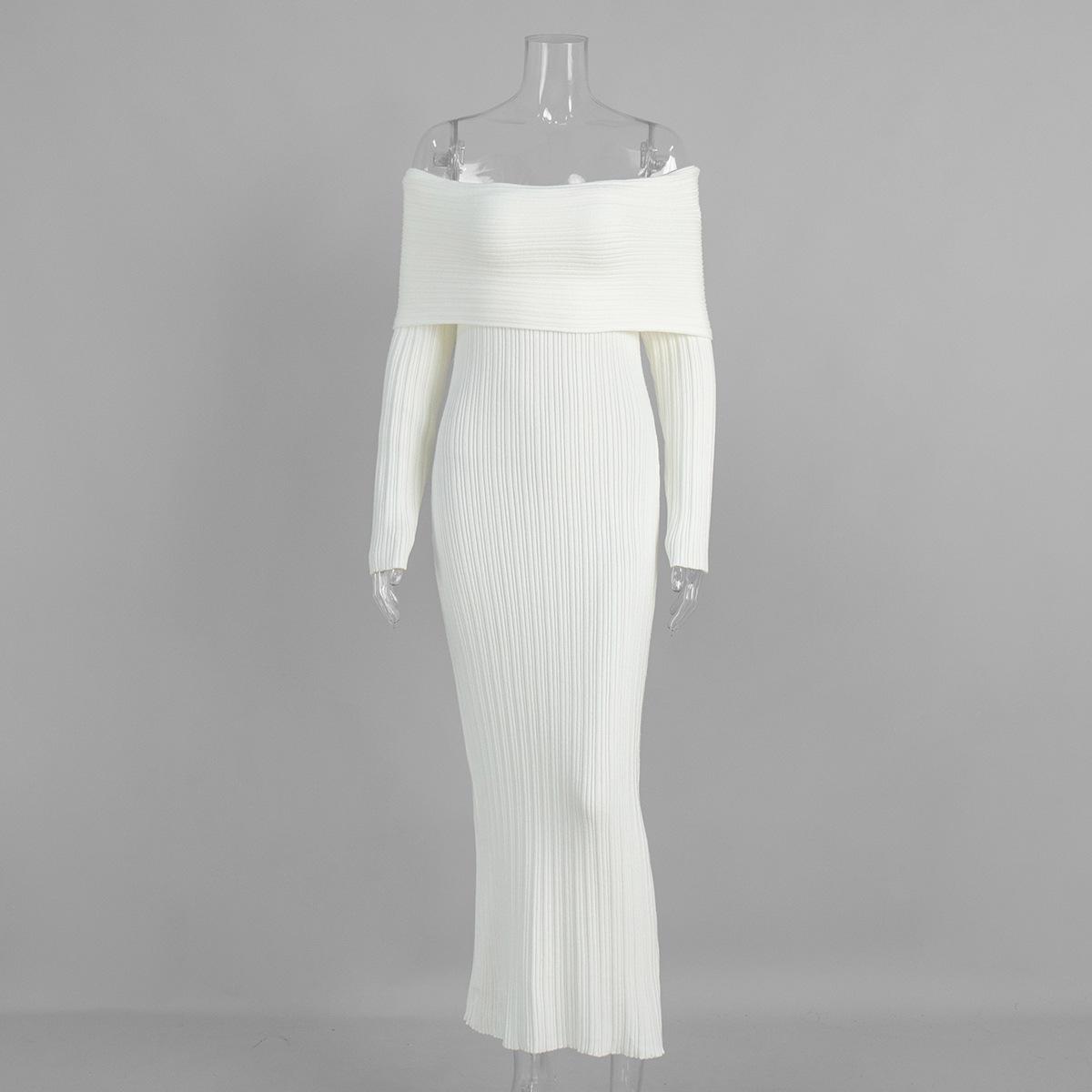 

Knitted off-the-shoulder long-sleeved dress, European, American autumn and winter new one-word shoulder-wrapped hip knitted dress for women L білий