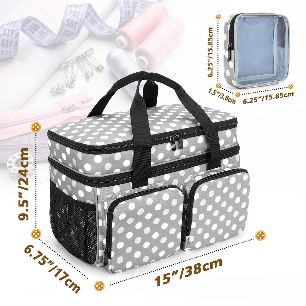 BAFASO Sewing Large Capacity Sewing with Divider Pads and Removable Sewing Box Bag Gray Dot Box, Bag, Double-Layered Pouch, Only,