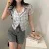 Harajuku Fashion Pleated Plaid Slim Shirt Women High Street Vintage Shirring Shirts Office Lady Chic Design Casual Tops 2026 New