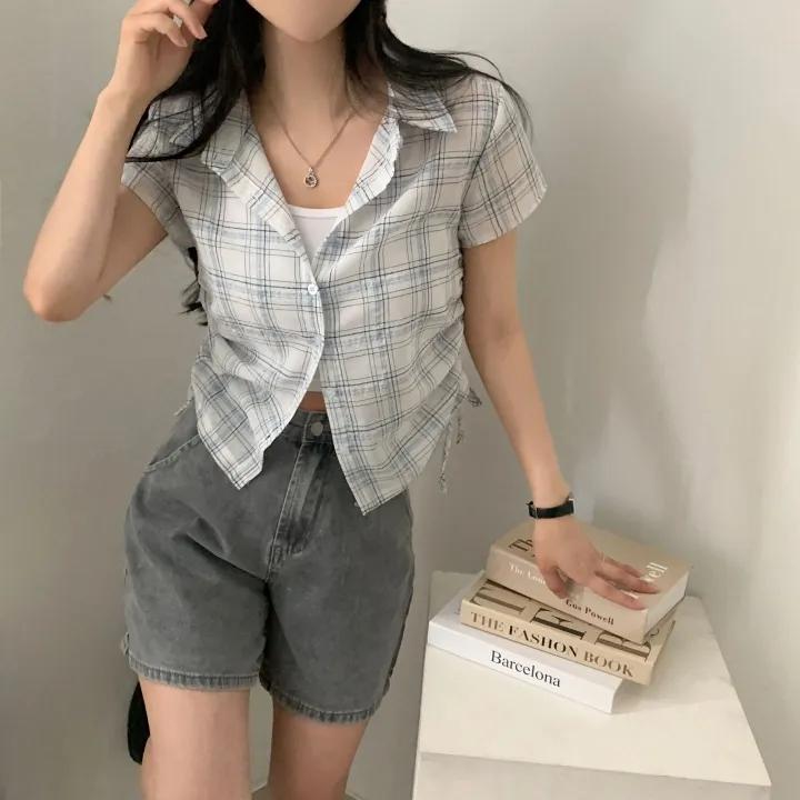 Harajuku Fashion Pleated Plaid Slim Shirt Women High Street Vintage Shirring Shirts Office Lady Chic Design Casual Tops 2026 New