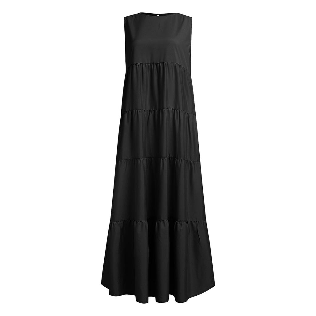 Women's Dress Casual Loose Sleeveless Ruffle Hem Swing Tiered Maxi Dress