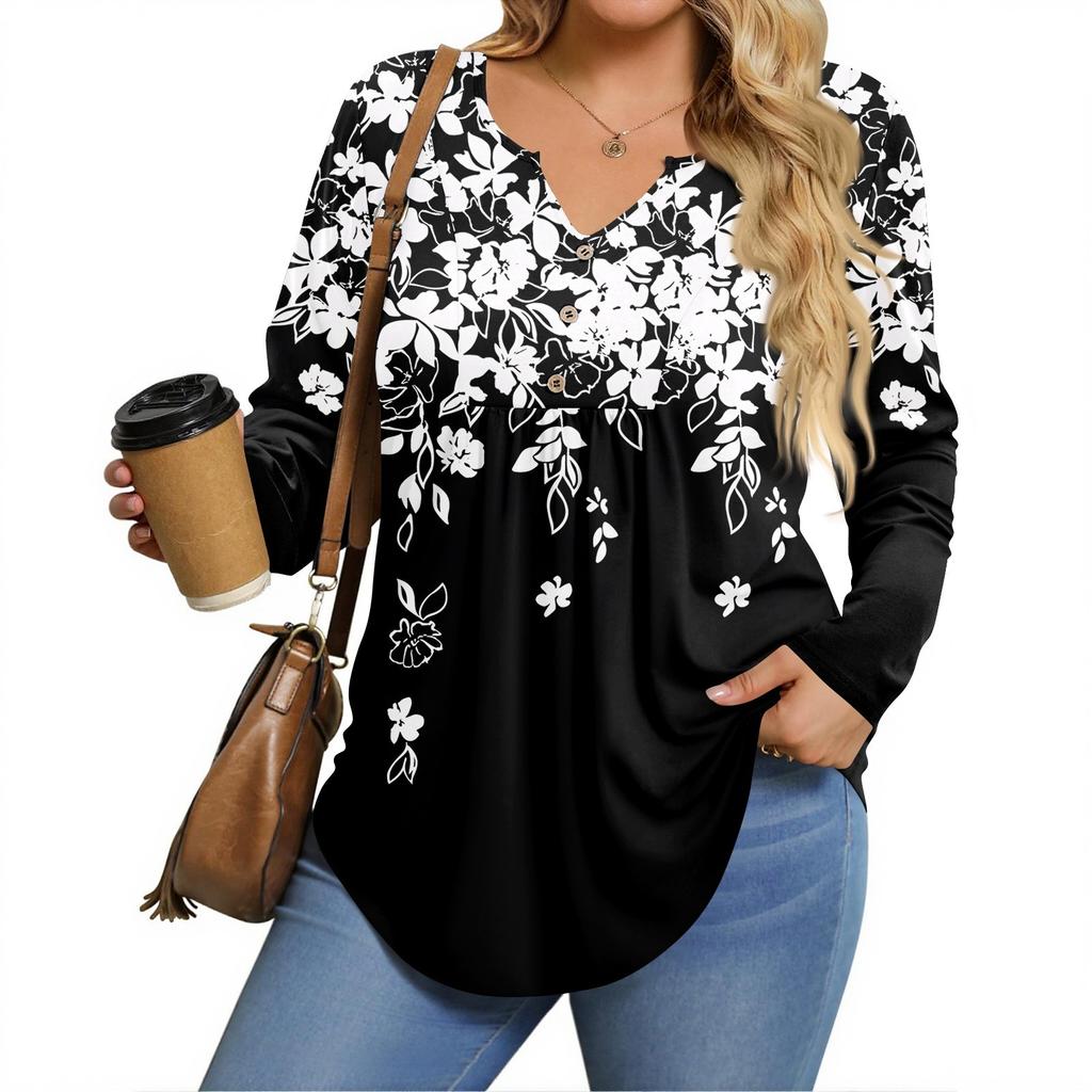Womens Plus Size Long Sleeve Shirts  V Neck Tunic Tops Basic Loose Fit Tee Tops
