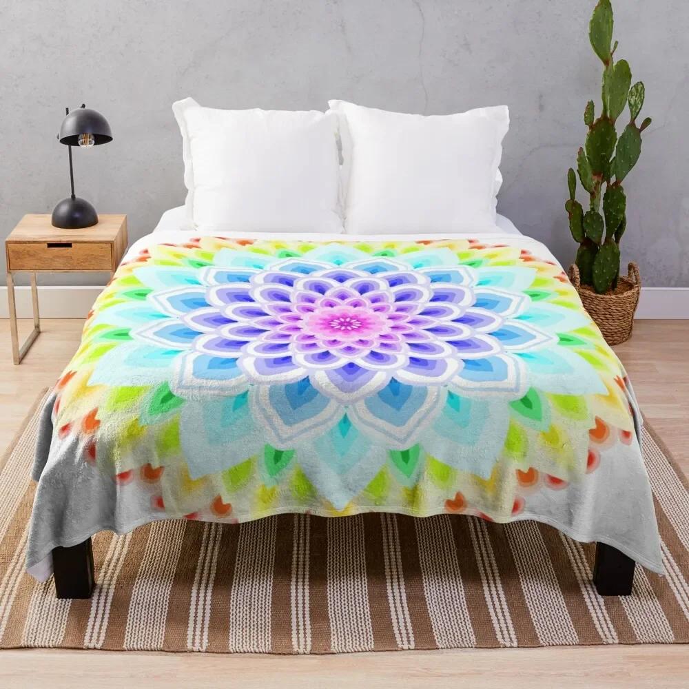 Mandala Throw Blanket Flannel Colourful Flower Pink Yellow Blue Boho Style Soft Warm Lightweight For Bed Sofa Couch King Queen