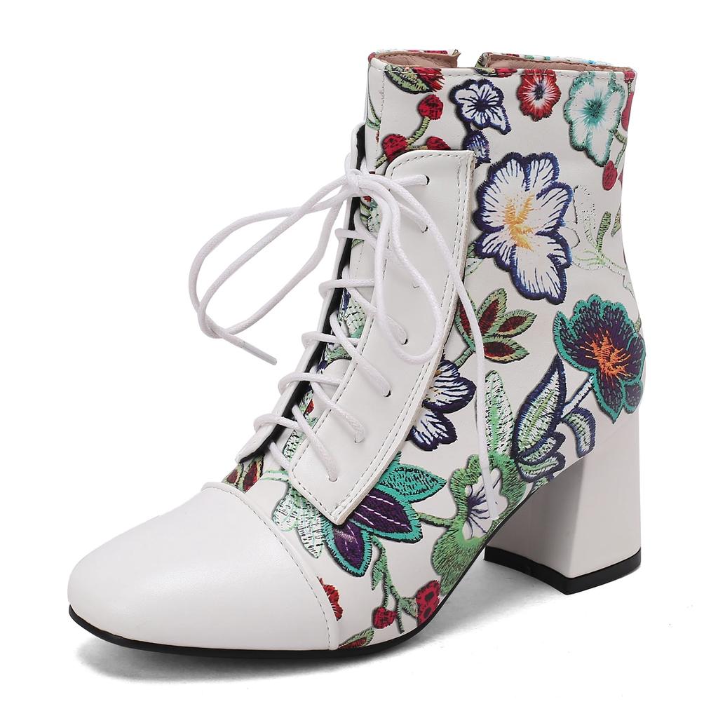 Sweet Women Ankle Boots Pink Red White Flower Print High Block Heels Casual Party British Lady Lace-up Winter Plush Short Boots