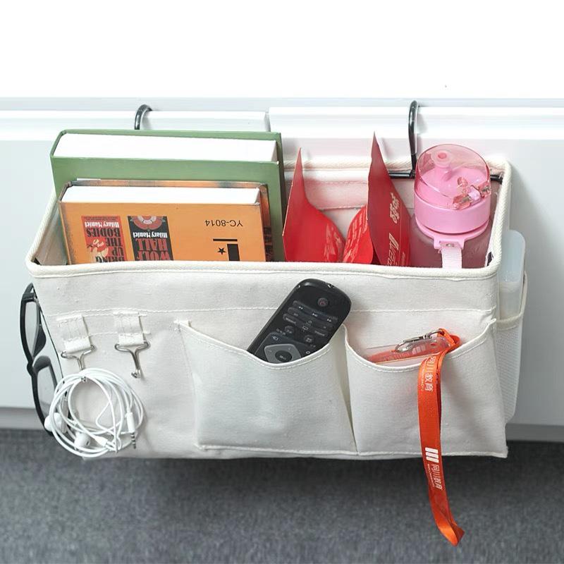 2Pcs Bedside Caddy Bed Organizer Bag with Pockets Canvas Hanging Hook Dorm Rooms Bed Bedroom Kitchen Storage Bag