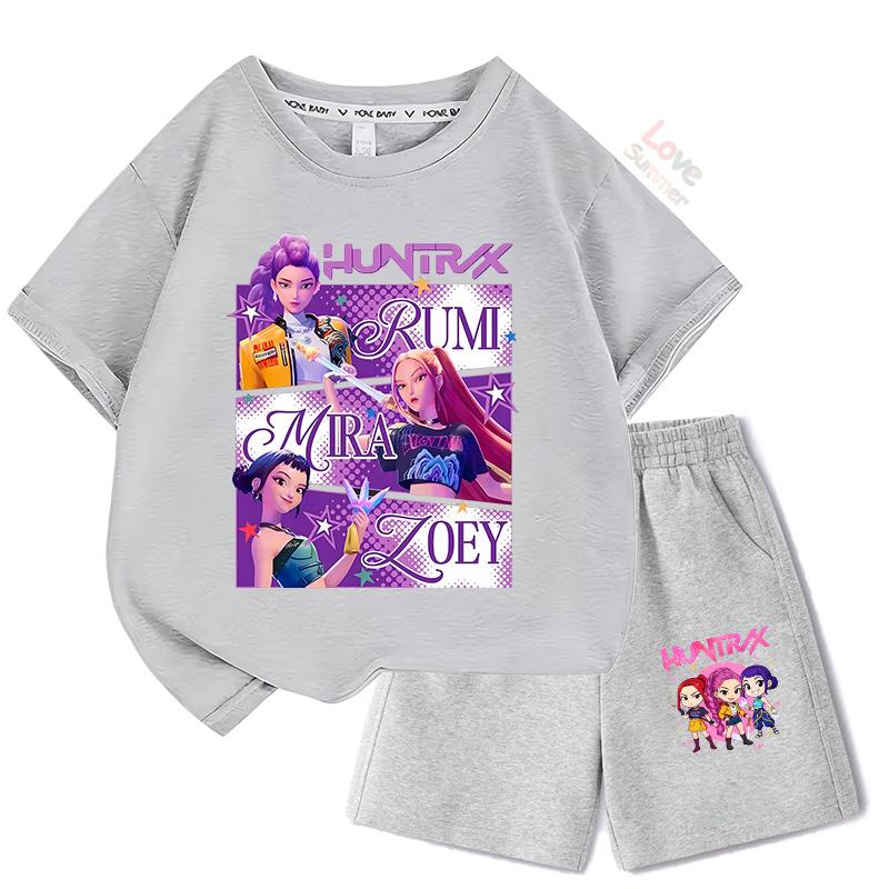 Sommer-T-Shirt-Set Kinder Oberteil Mädchen KPop Huntrx Devil Hunter Mädchengruppe Bedruckt Kurzarm Shorts Zweiteiliges Set