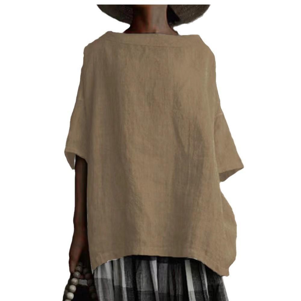 Vintage Art Style Cotton Linen T Shirt With Splicing Details For Casual Wear
