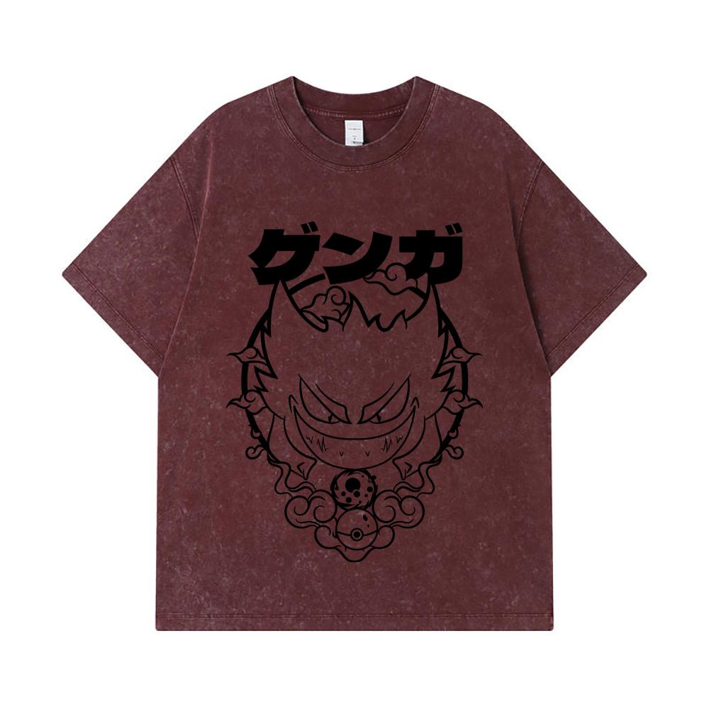 275 GSM Washed T-shirts 100% Cotton Pokemon V10 Gengar Print Unisex Heavy Cotton T Shirt