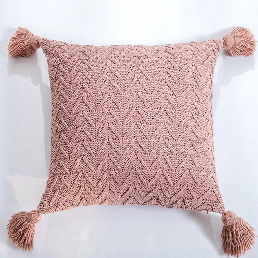 45x45cm Nordic Chenille Knitted Square Cushion Cover Yellow Pink Pillow Cover with Tassels Pillowcase Sofa Bed Chair Decorative