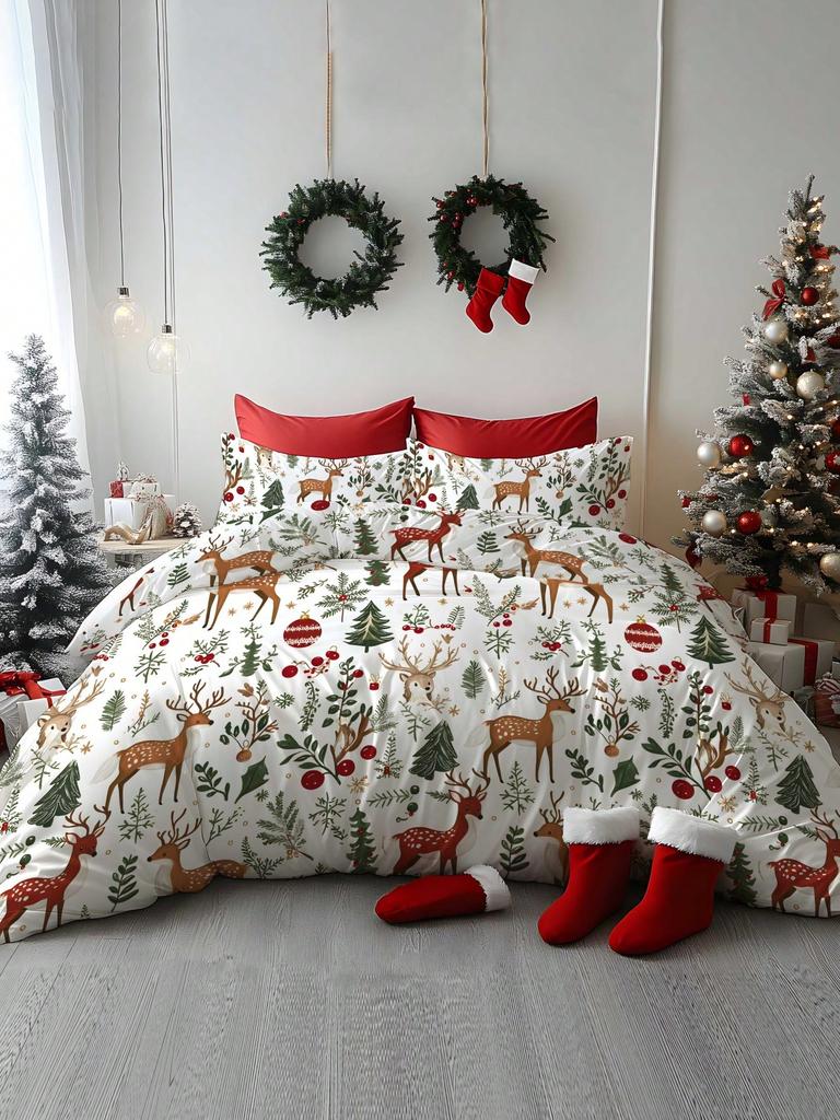 2/3pcs Christmas Tree, Gift, Snowflake, Deer, Santa Claus Pattern Digital Printing Brushed Duvet Cover Set, Soft & Comfortable