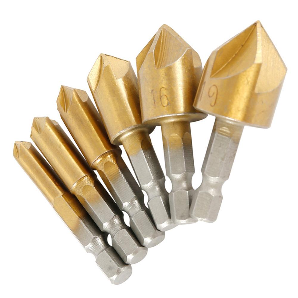 6Pcs Hexagonal Handle Titanium Plated Chamfering Knife Countersunk Drill 6-19mm HSS Deburring Cutter Woodworking Spot Facer Tool