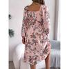 Women's Square Neck Floral Long Sleeve Dress Ruffle Hem A-Line Smocked Waist Elegant Midi