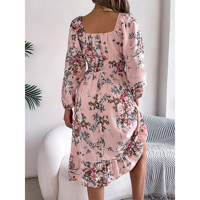 Women's Square Neck Floral Long Sleeve Dress Ruffle Hem A-Line Smocked Waist Elegant Midi