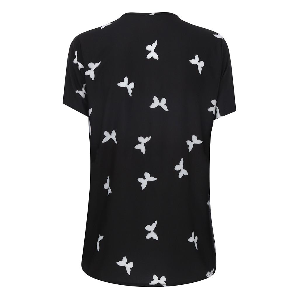 Women Ladies Plus Size Print Zipper Short Sleeve V-neck Pullover Tops Shirt