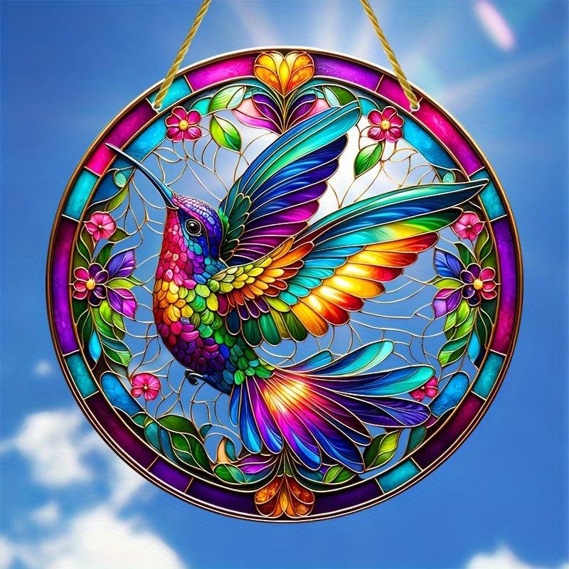 Hummingbird Stained Glass Art. 8x8 inch acrylic with floral design for home or bar. A perfect gift.