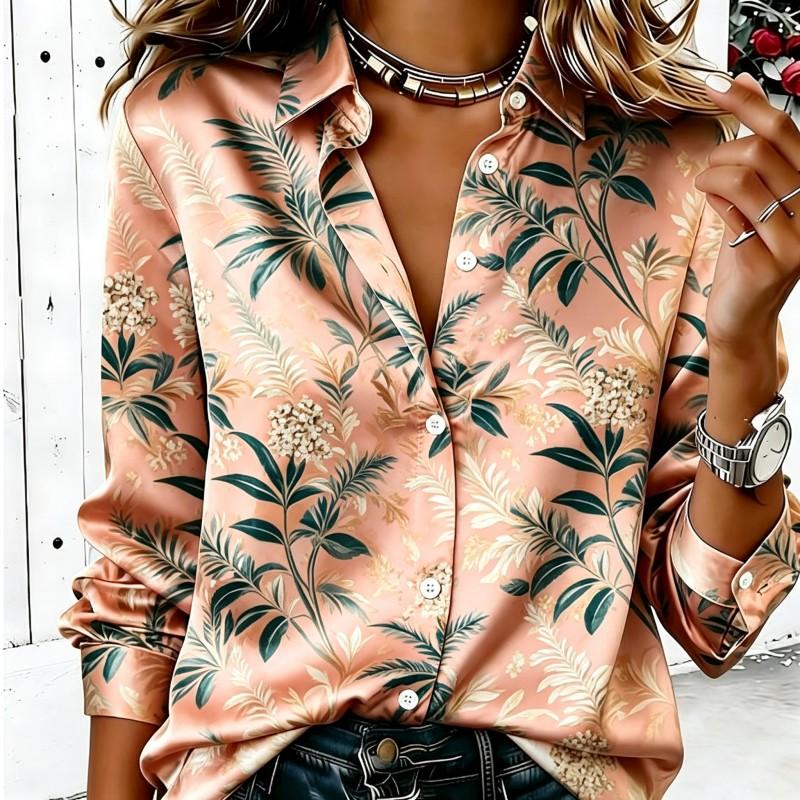 Dames Satin Lange Mouwen Shirt Vintage Blad Bloemenprint Blouse Kraag Enkelzijdig Sluiting Losse Kantoor Tops