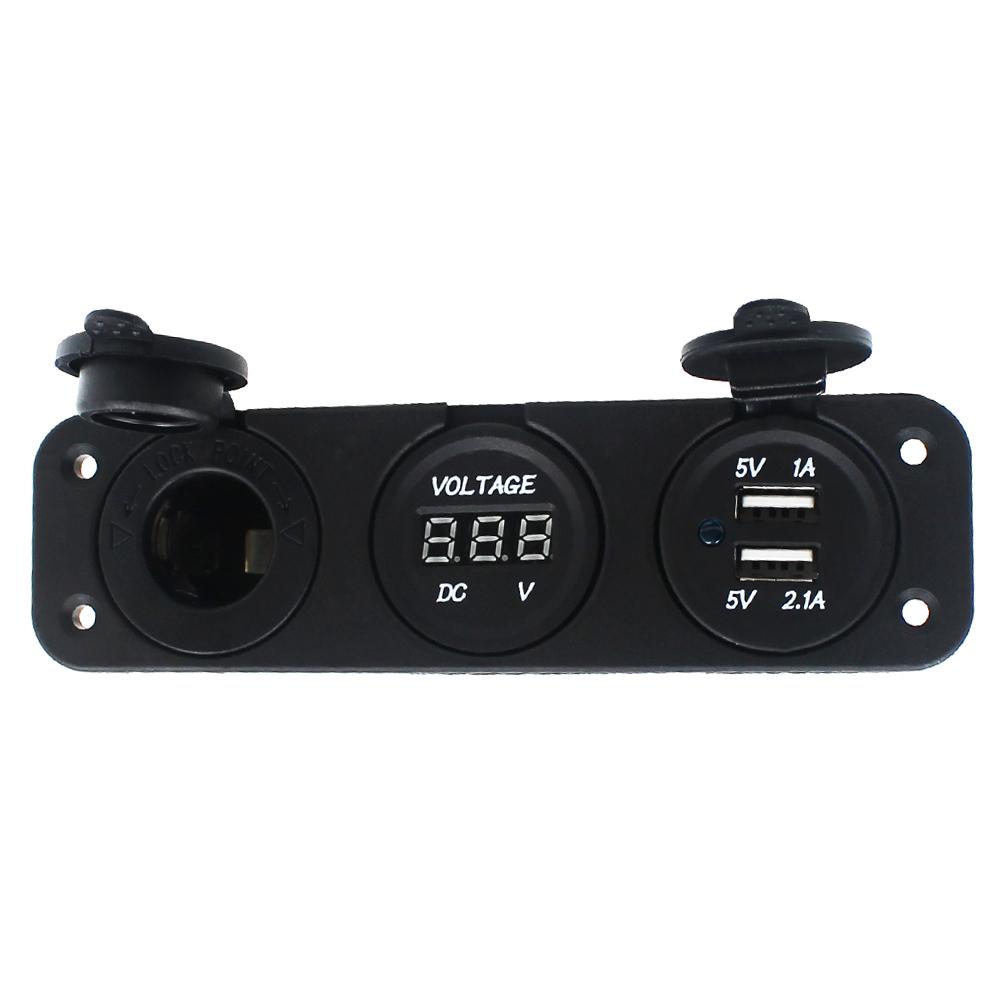 Dual USB Socket Charger + LED Voltmeter + 12V / 24V Power Outlet 3 In 1 Multi-function Three Hole Panel for Truck Trailer Boat Camper Motorhome