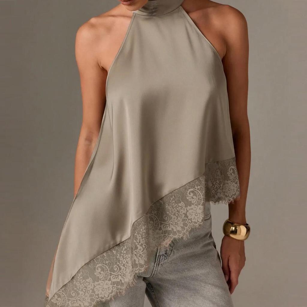 2025 Women's Satin Halter Neck Sleeveless Asymmetrical Camisole with Lace Trim