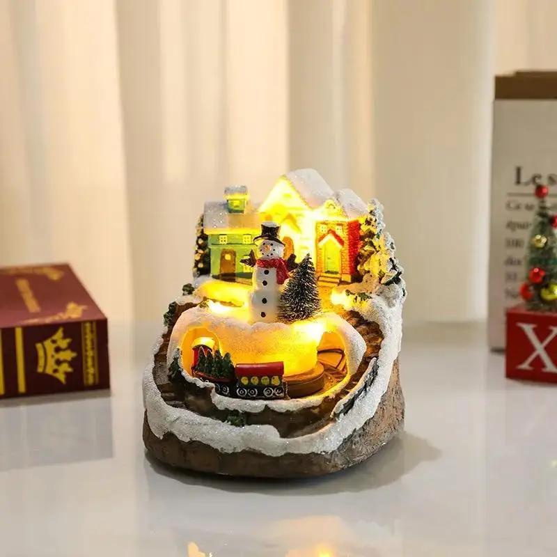 666  Christmas House Village Rotating Scene Ornament LED Lighting Santa Claus Snow Figurine Electric Music Box Xmas Decor