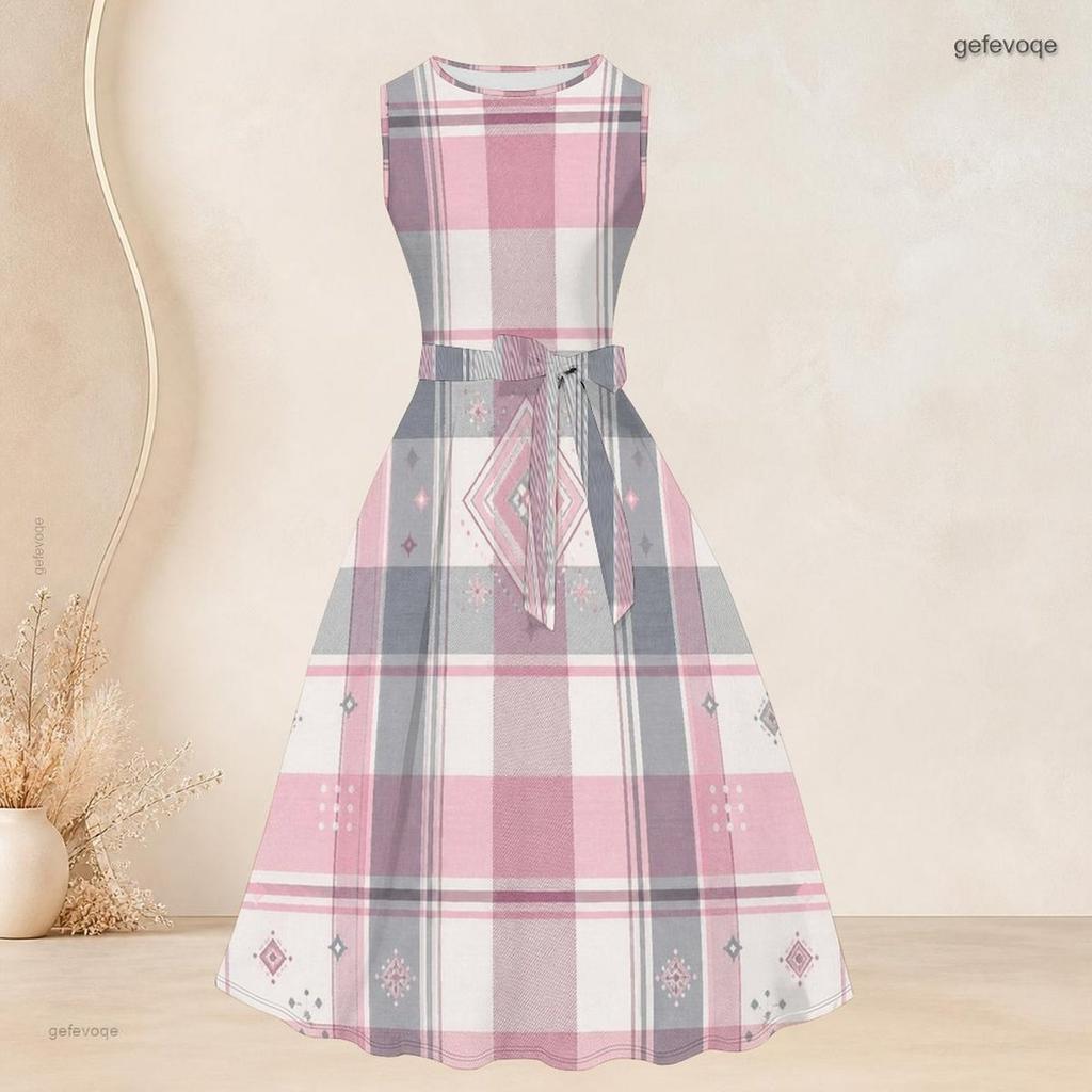 Women Plus Size Two Piece Set Abstract Printed 3 4 Sleeve Open Cardigan Sleeveless Round Neck Tie Waist Flared Dress