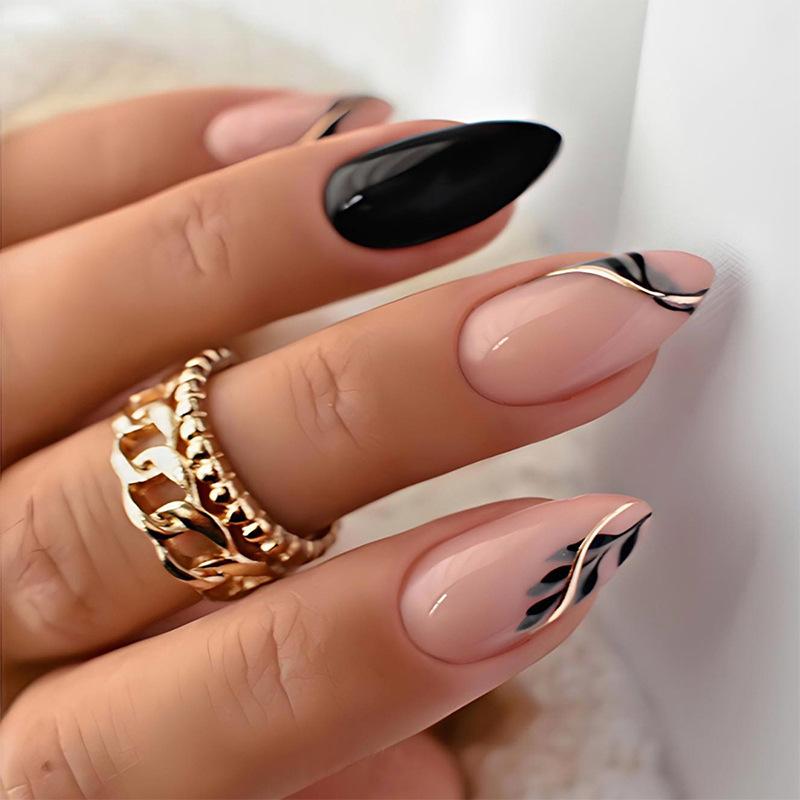 24PCS Simple Almond Wearable Press On Nails with Marble Lines Pattern Gradient Gold Fake Nail Glue Full Cover Manicure Ins Tools