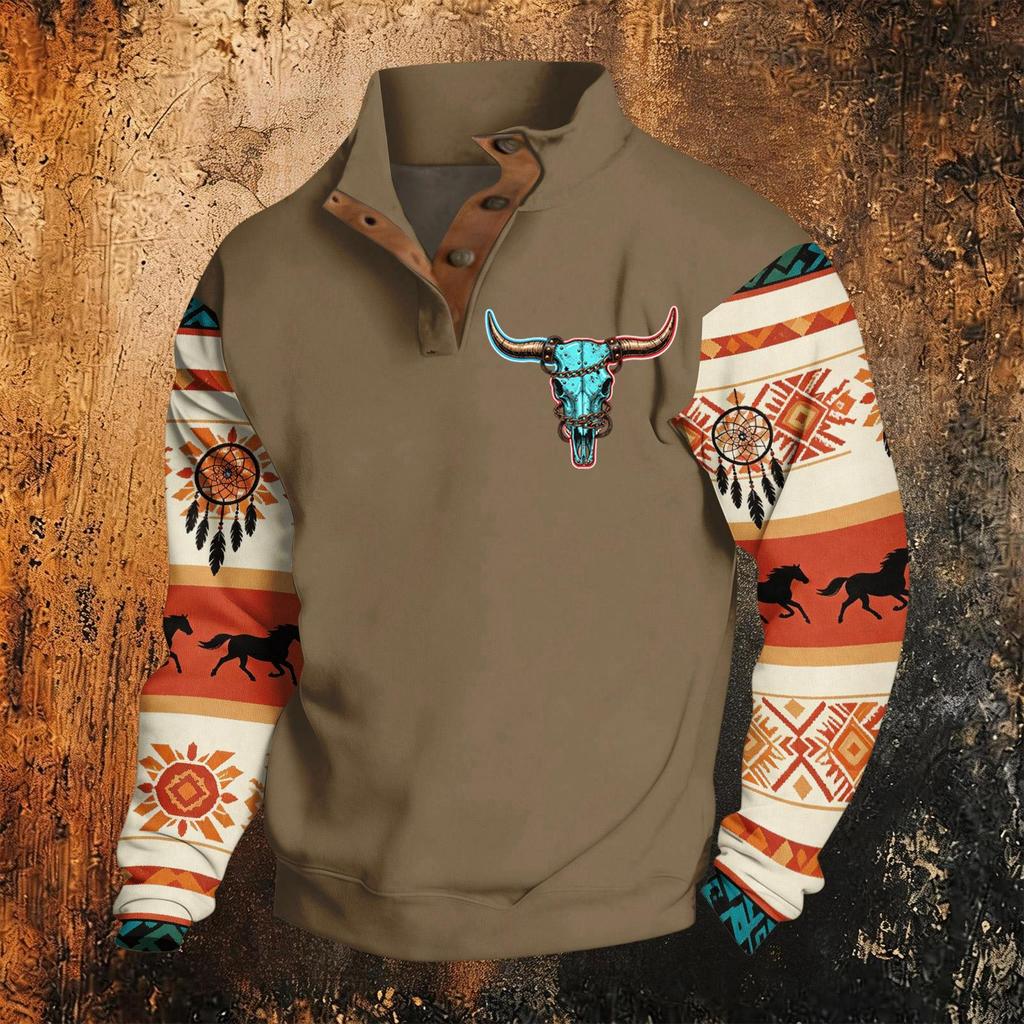 Men's Western Hooded Sweatshirt Long Sleeve Pattern Print Pullover