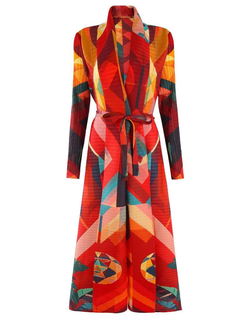 Pleated Printed Long Trench Coat for Women - 2025 Spring Lapel Loose Fit Plus Size Long Sleeve Robe