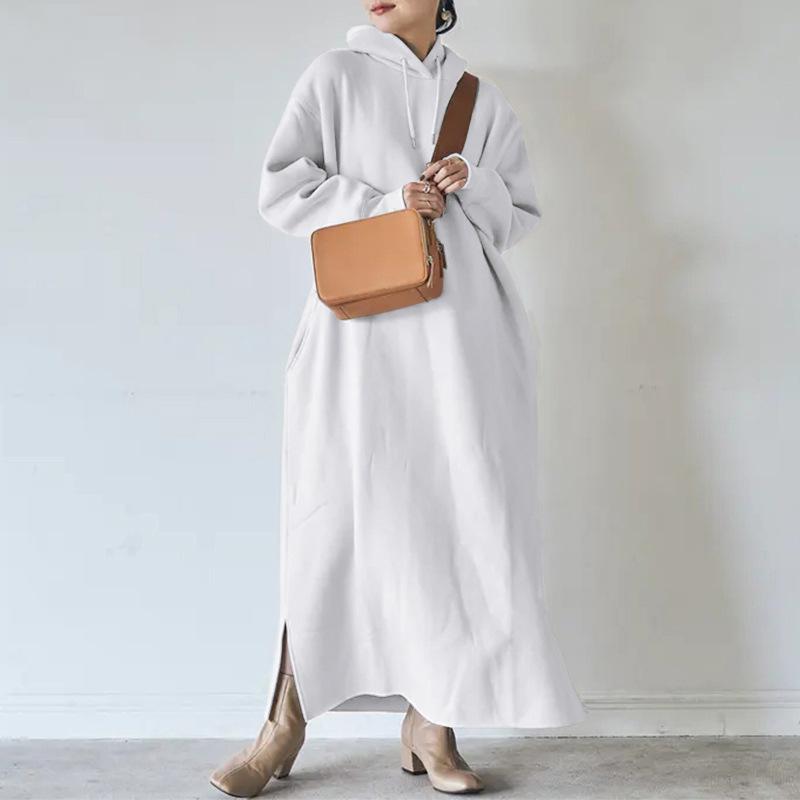 Women Loose Hooded Long Maxi Dress Spring Autumn Female Tie Collar Long Sleeve Baggy Straight Sweatshirt Dresses
