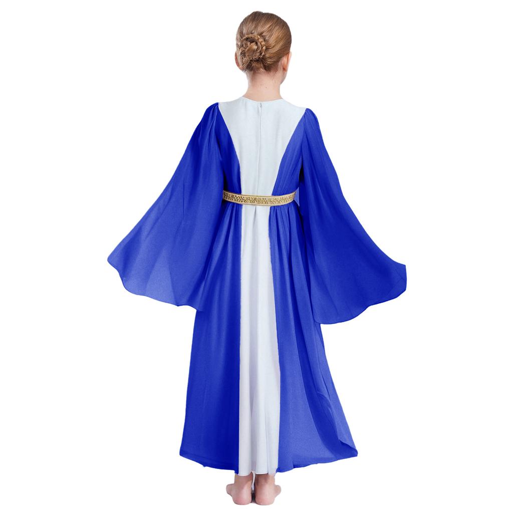 Girls Ancient Greek Roman Cosplay Costume Long Sleeve Golden Embroidery Dress Tulle Patchwork Halloween Gown