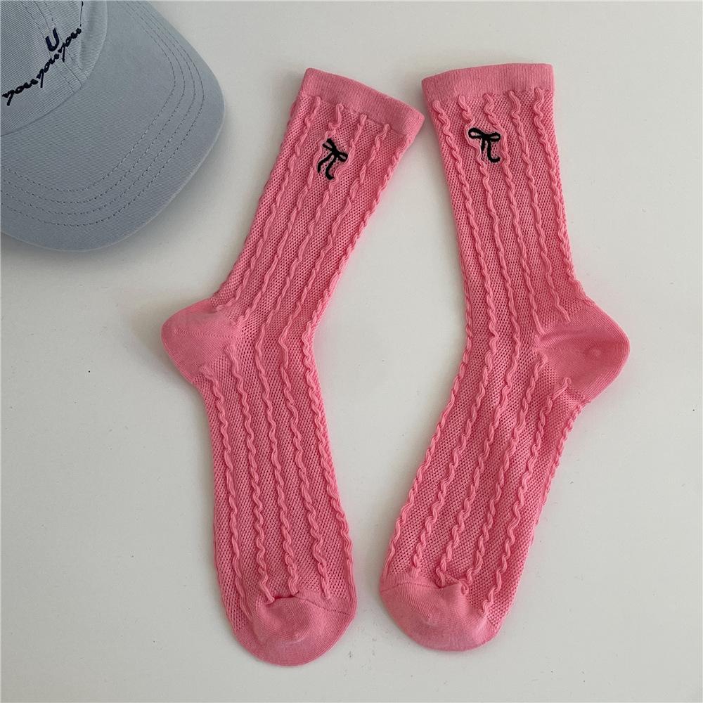 Women's Summer Bow College Style Breathable Hollow Mesh Mid Tube Socks
