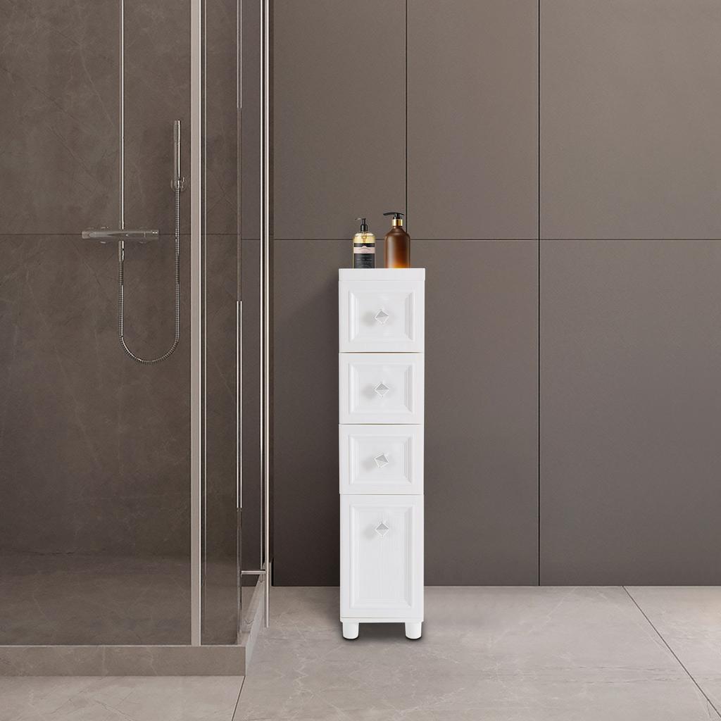Tall Bathroom Floor Cabinet with 4 Tiers, Narrow Slim PP Storage Organizer, Free Standing Cabinet, Modern White Storage Shelf