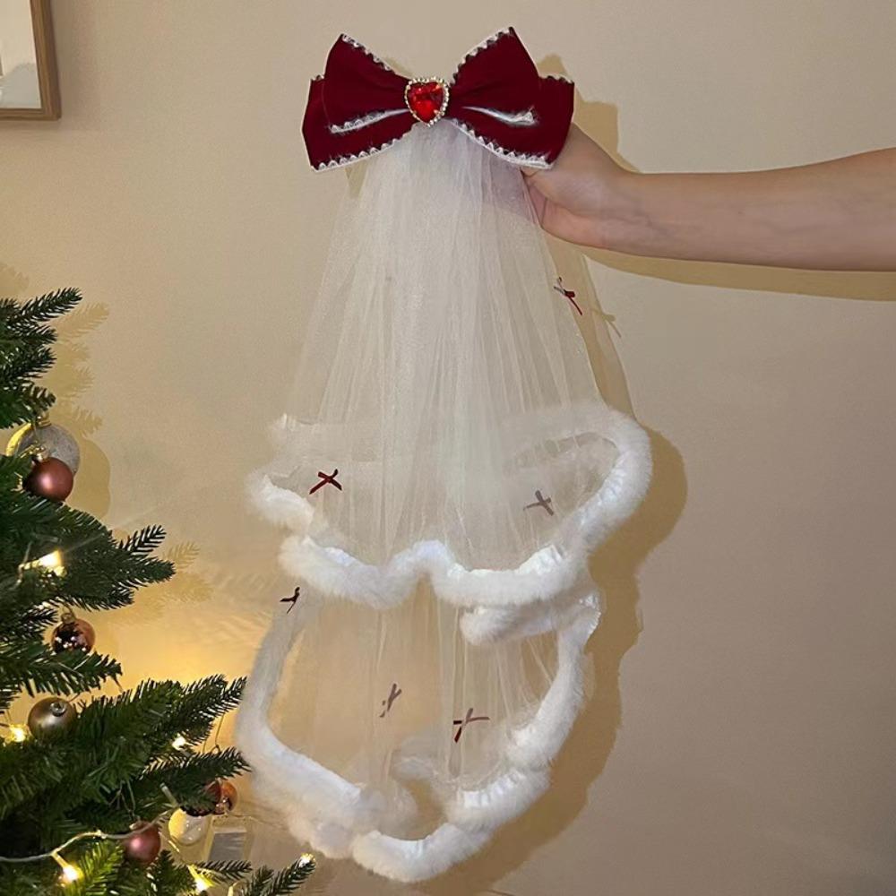 Bowknot Long Velvet Bow Veil Heart Christmas Hair Clip Premium Wedding veil  Wedding