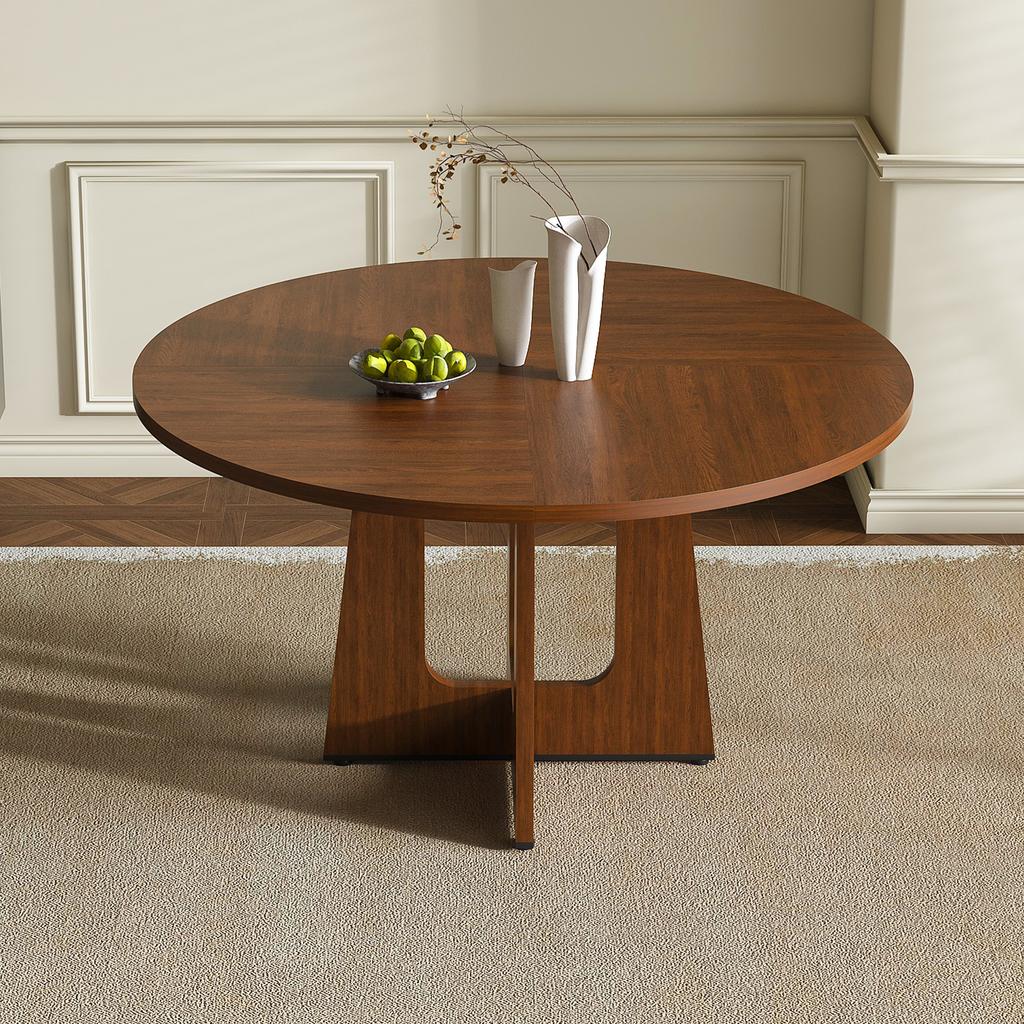 Modular Round Dining Table, 120 Cm Diameter, 76 Cm Height, MDF with Walnut Veneer, Space for 4 People – for Dining Room, Kitchen and Living Room