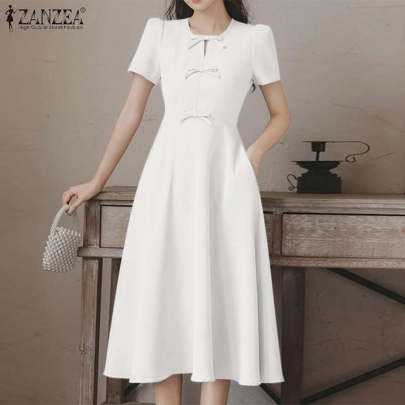 ZANZEA Elegantes Damen A-Linien Kleid mit Rundhalsausschnitt, kurzen Ärmeln und Taillierung