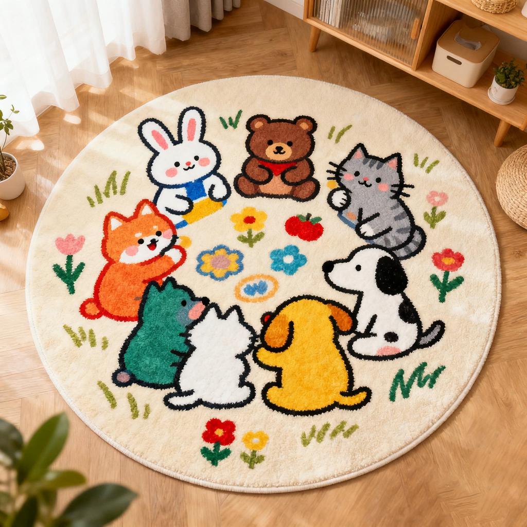 Cartoon Style Carpets for Living Room Bear Pattern Bedroom Decor Round Carpet Thicken Plush Children's Rug Fluffy Soft Floor Mat