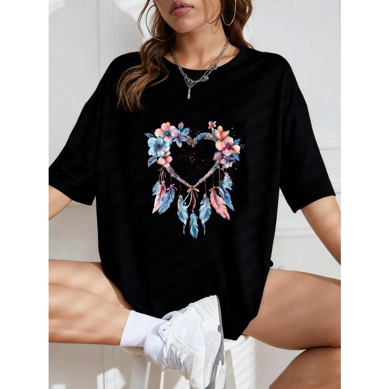 White T-Shirt With Dreamcatcher Heart Floral Print For Casual Wear