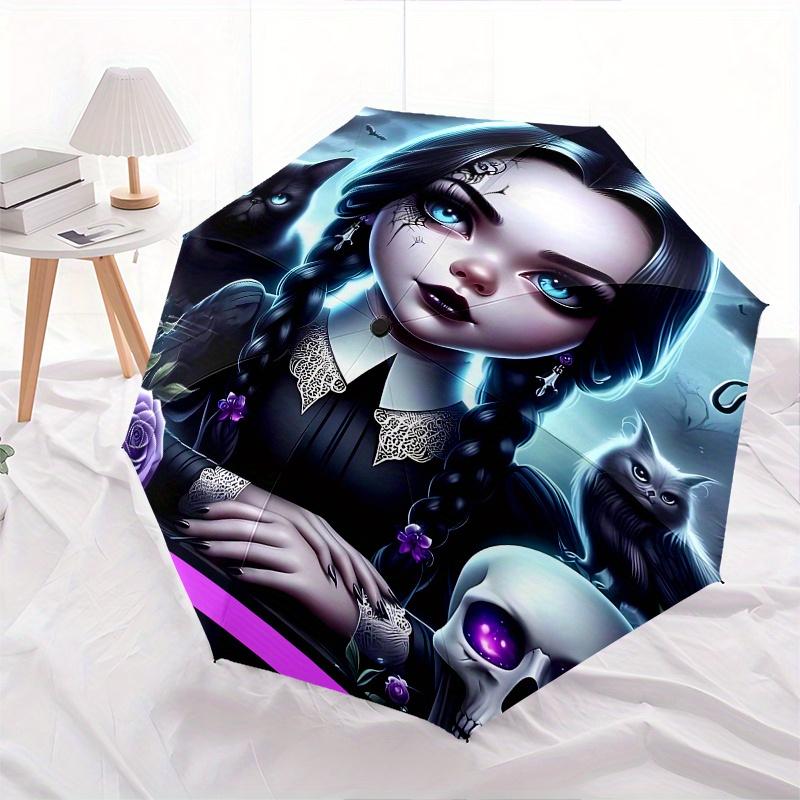 Wednesday Addams,Gothic Style Automatic Folding Umbrella 8 Ribs Lightweight Design, Durable Iron Frame, Compact and Portable, Ideal Birthda
