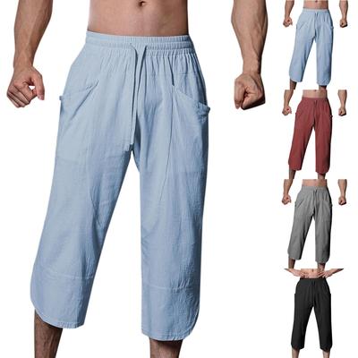 Men's Loose Fit Drawstring Waist Cropped Pants with Large Pockets Lightweight Casual Linen Trousers for Everyday Wear