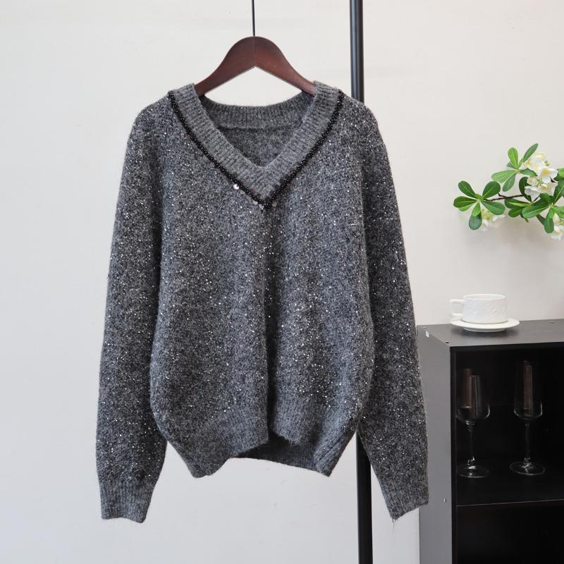 

Высококачественный вязаный свитер с пайетками с длинным рукавом, новый пуловер свитер свободного дизайна для осени и зимы, женский one size fits all серый