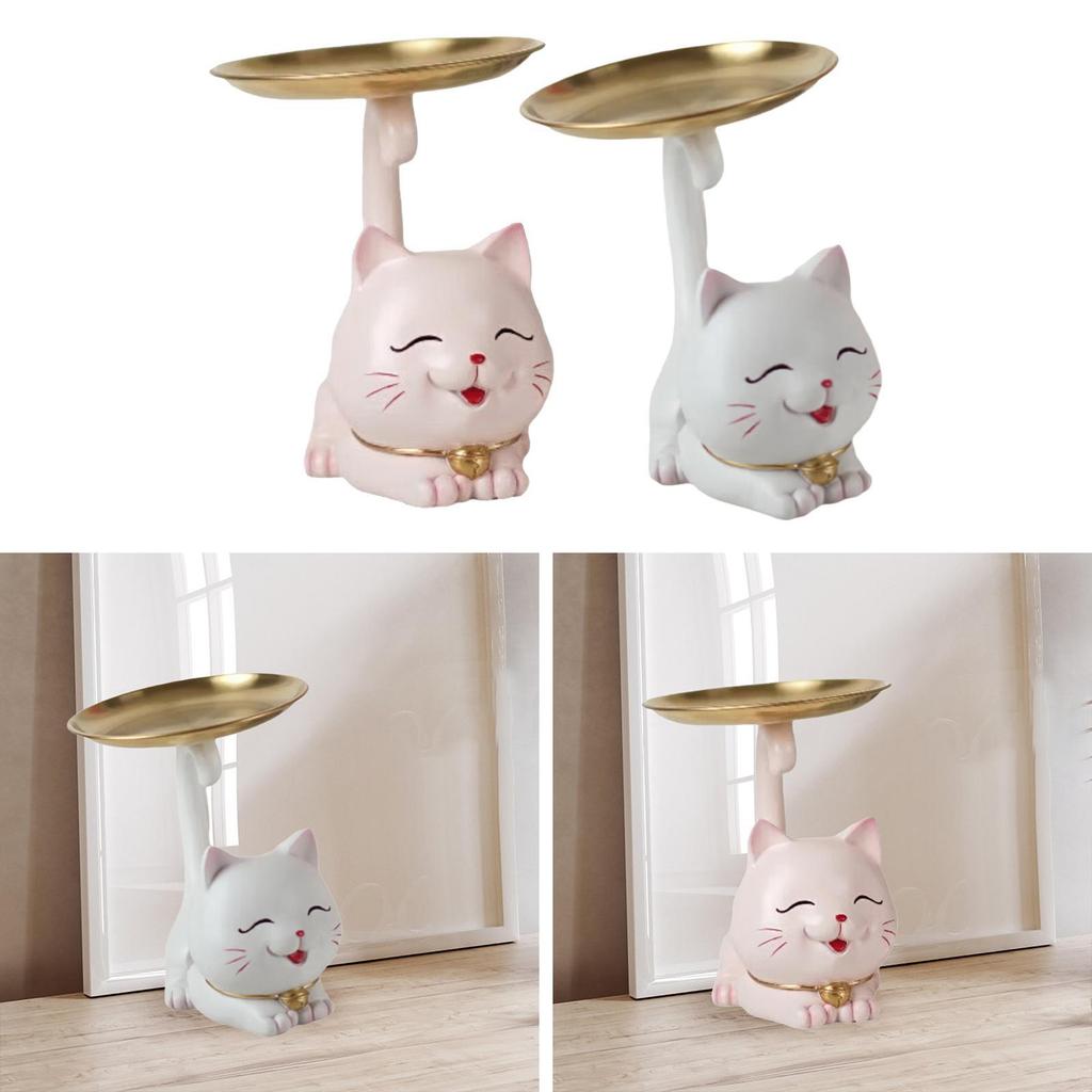 Cartoon Cat Statue with Tray Art Crafts Fine Workmanship Collecting Table Ornament for Bedroom Shelf Entrance Living Room Porch