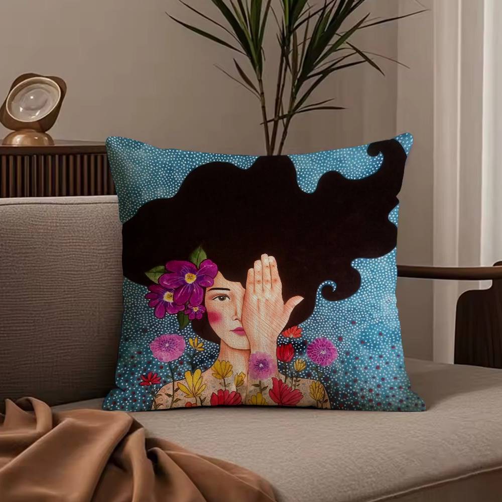 Vintage Abstract Girl Hair Flower Pillow Case Anti-dustmite Pillowcase Invisible Zipper Silky Short Plush Sofa Cushion Cover