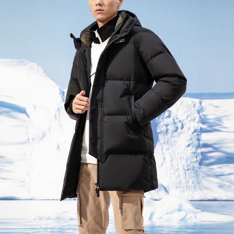 Anta Letter Mid-Length Hooded Down Jacket Men Outerwear Black 952148910-2